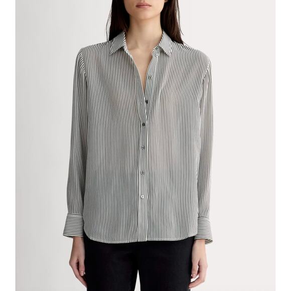 EVERLANE The Must-Have Shirt in 100% Washable Silk Black Micro-stripe 6 Preppy - Picture 1 of 8